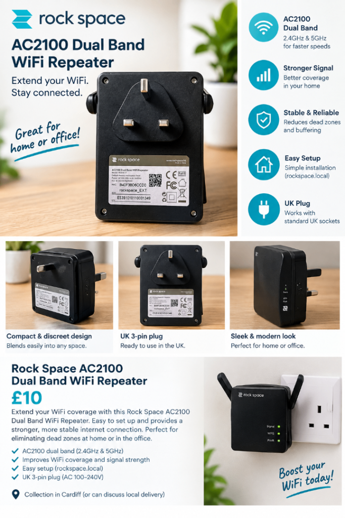 Rock Space AC2100 Dual Band WiFi Repeater + 2m Ethernet Cable