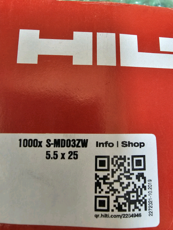 800 Hilti S-MD03ZW 5.5 x 25 metal to metal fastenings