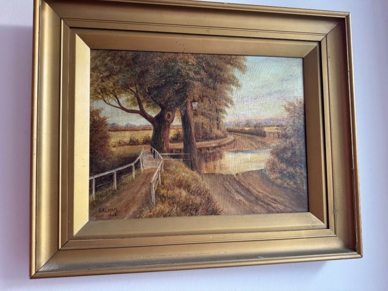 Original Landscape Oil Painting by E. A. LHAM 1968 with Gold Frame