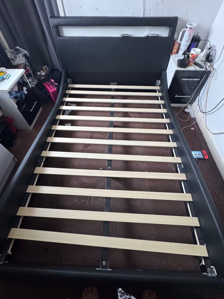 Black Small Double Bed Frame with Slatted Base – Good Condition