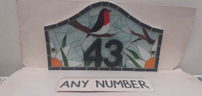 Robin Glass Mosaic House Number Plate Plaque Door Sign 