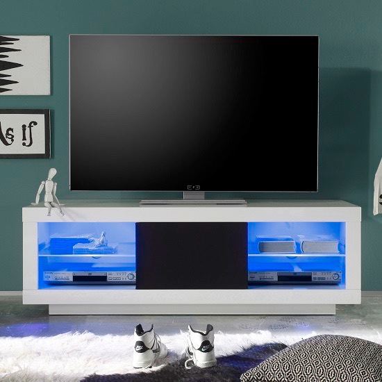 White Gloss TV Unit with LED Lights – Black Acoustic Panels – Up to 50% OFF 🔥