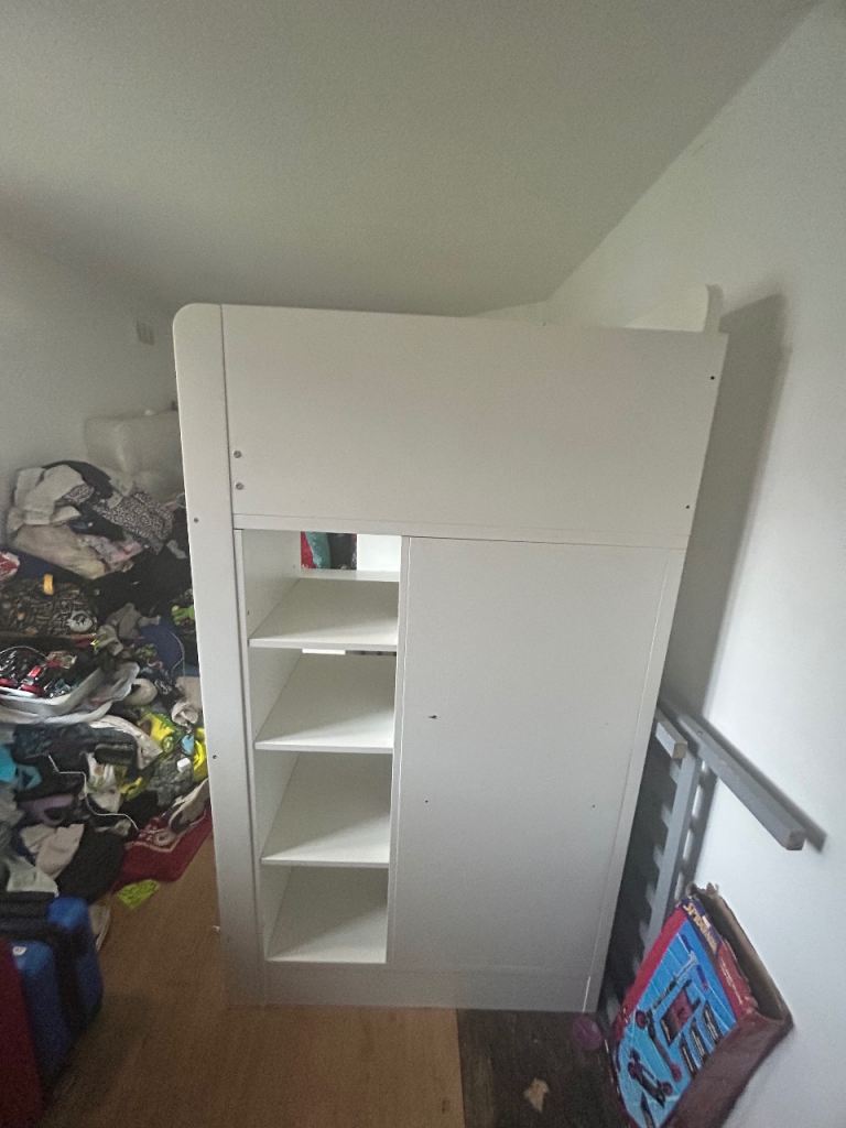 White Kids High Sleeper Bed with Desk and Storage