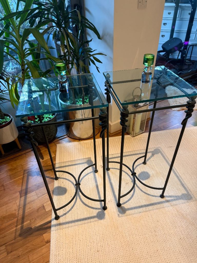 2 Vintage French Iron + Glass Console Tables 