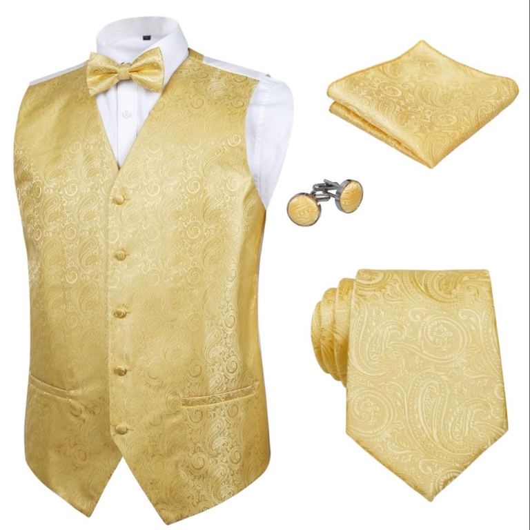 Men's 5 Piece Paisley Jacquard Suit Set with Waistcoat, Tie, Bow Tie, Pocket Square & Cufflinks -XXL
