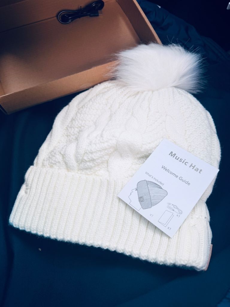 New White Knitted Music Hat with Pom-Pom