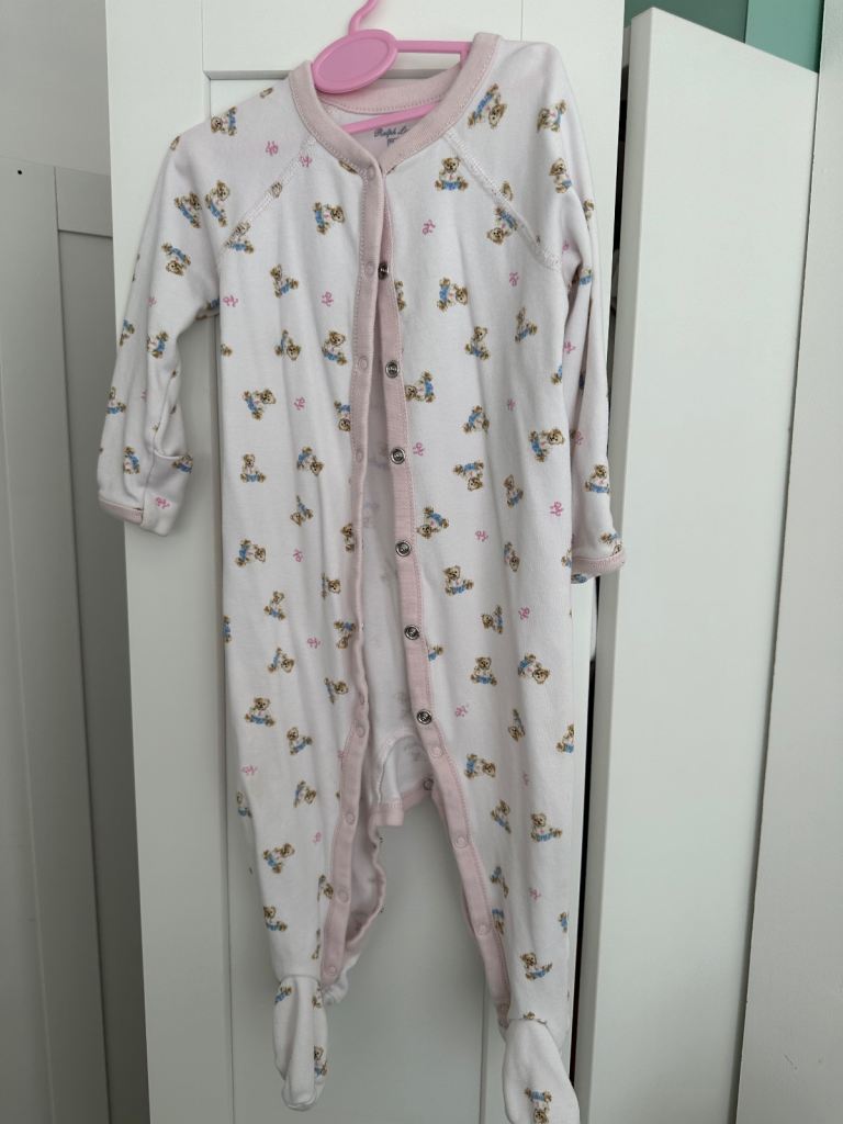 Ralph Lauren White Cotton Baby Grow with Teddy Bear Print