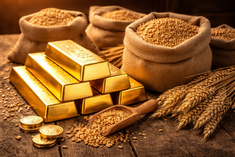 gold, grain and bars