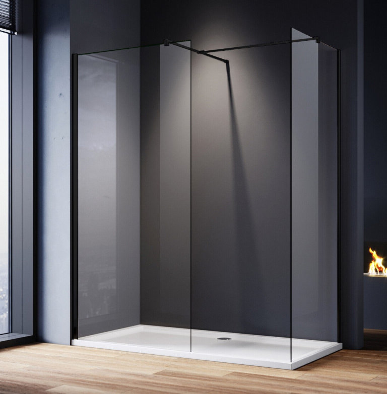 New Clear 8mm Walk In Shower Enclosure + Black Fittings 1200 x 700mm RRP £420 Our Price £345