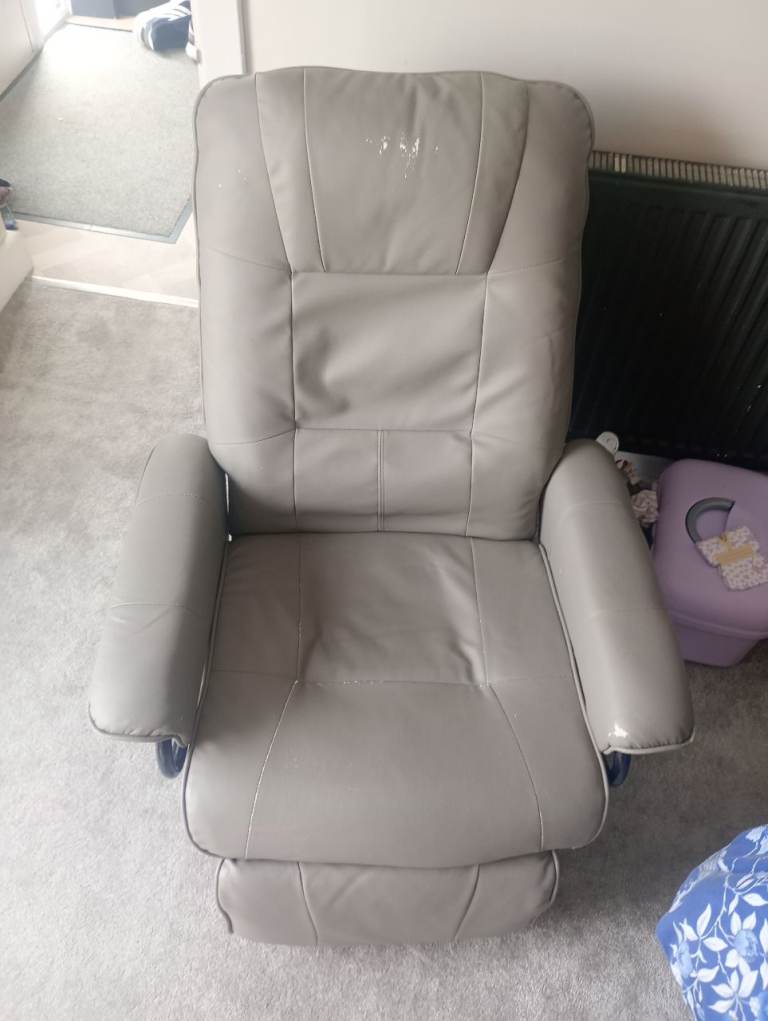 Grey Recliner Chair - Faux Leather, Fair Condition