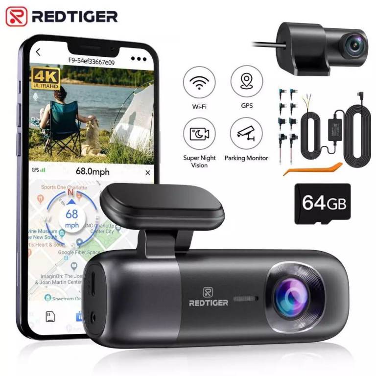 REDTIGER F9 Front & Rear 4K Dash Cam 64GB Inc Hardwire Kit & Fitting