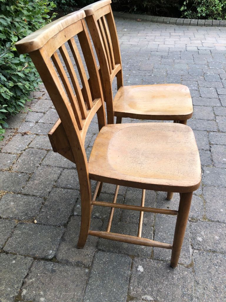 A PAIR OF VINTAGE CHURCH CHAIRS. More chapel chairs, pews & monks benches for sale.