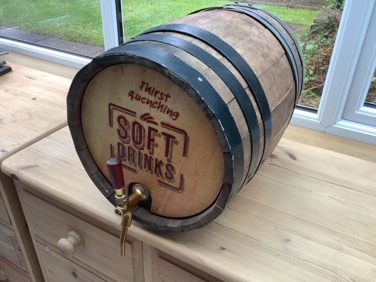 OAK BARREL WITH BRASS TAP. - METAL BANDED, £20.00 for Sale