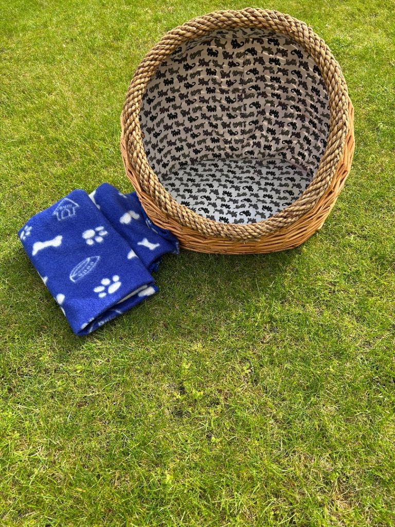 Wicker cat bed with blue blanket