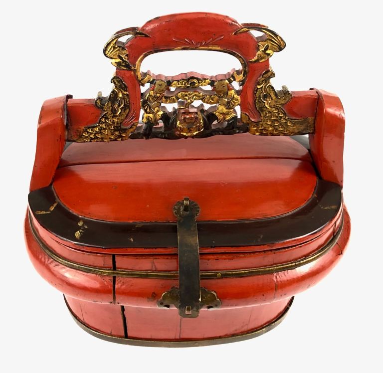 Vintage Chinese Red Lacquer Wedding Basket – Gilt Detail, Decorative Storage