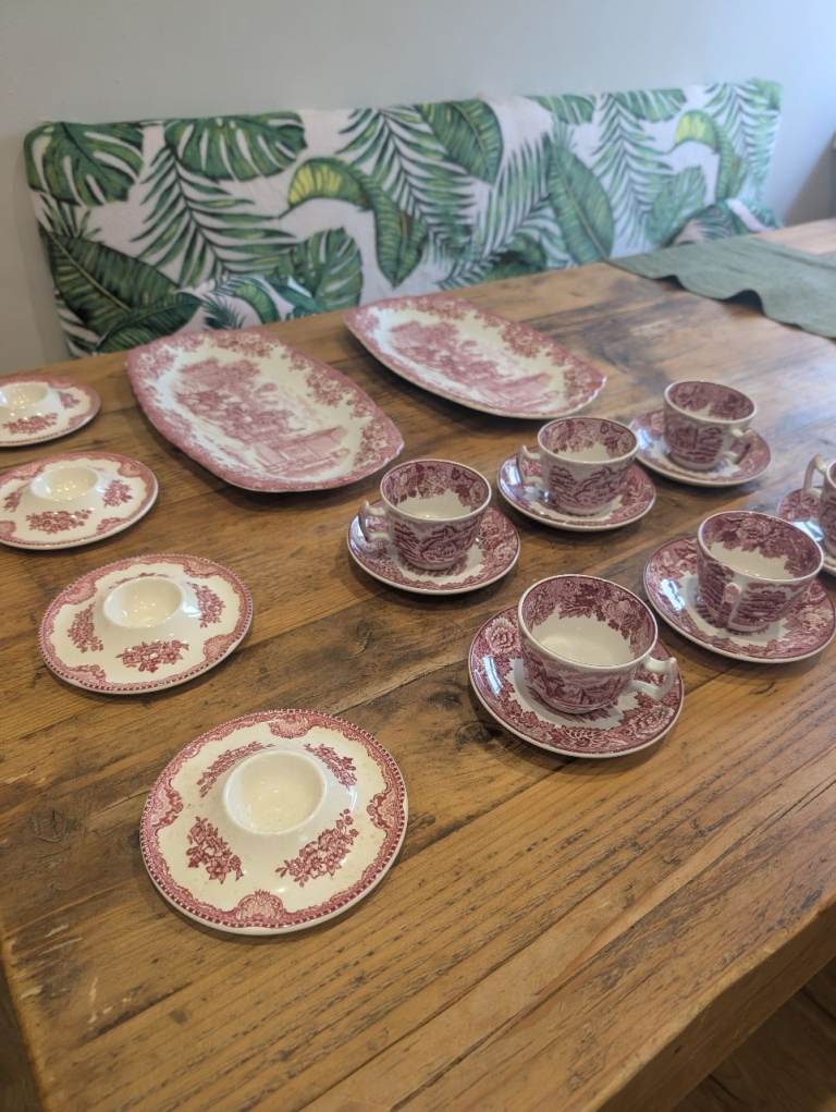 Vintage Pink & White Ceramic Tea Set with Egg Cups