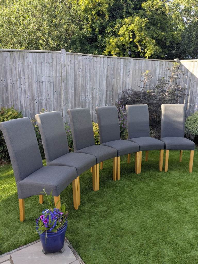 Six Grey Fabric Dining Chairs – Good Condition