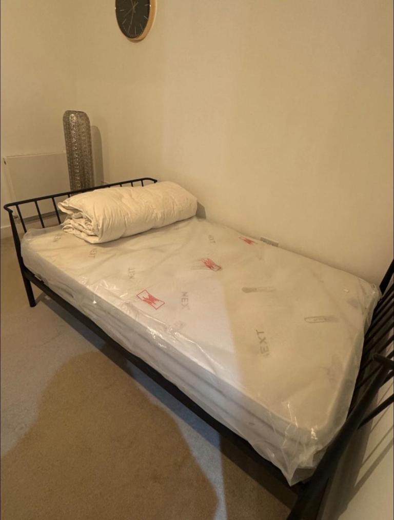 Next Small Double Mattress with Black Metal Bed Frame – Almost New Condition