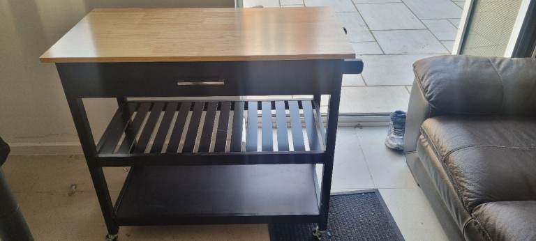 Kitchen Island on Wheels – Dark Wood & Light Top