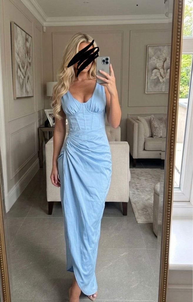 PrettyLittleThing Blue Satin Ruched Maxi Dress V-Neck Sleeveless Size  xs/s new 