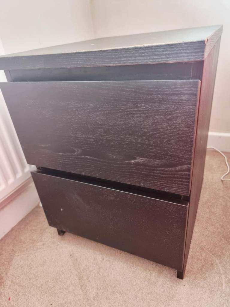 image for Bedside Table / Nightstand, Black 2-Drawer – Good Condition