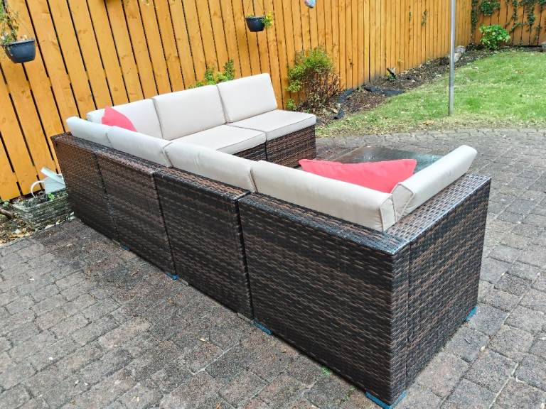 Garden Patio Rattan Corner Sofa Set with Cushions & Table