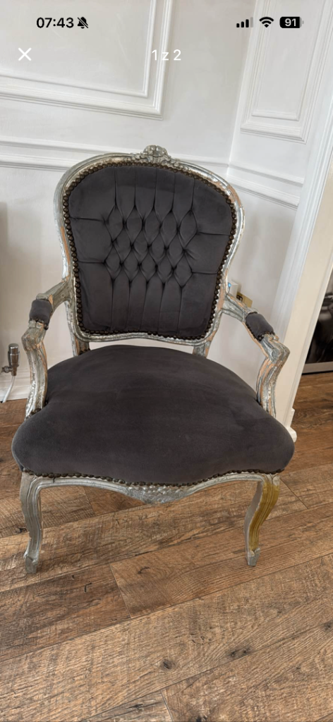 French Louis Style Shabby Chic Chair Grey Velvet With Silver Frame