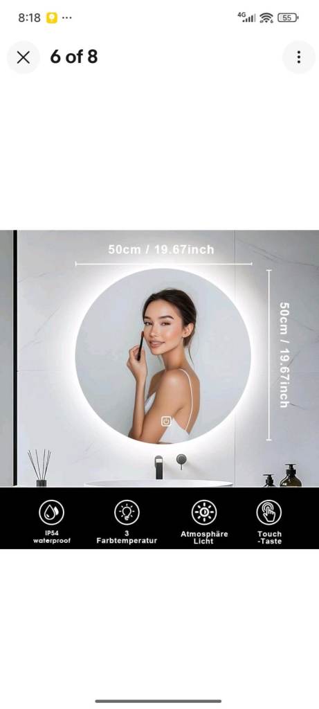 New LED Illuminated Round Bathroom Mirror 50cm
