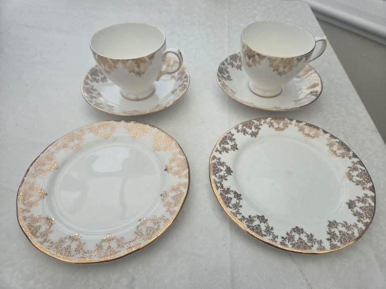 Queen Anne Bone China Tea Set – White & Gold