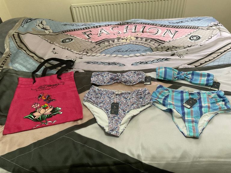 2 Jack will’s bikinis 2 sarongs and Ed Hardy bag