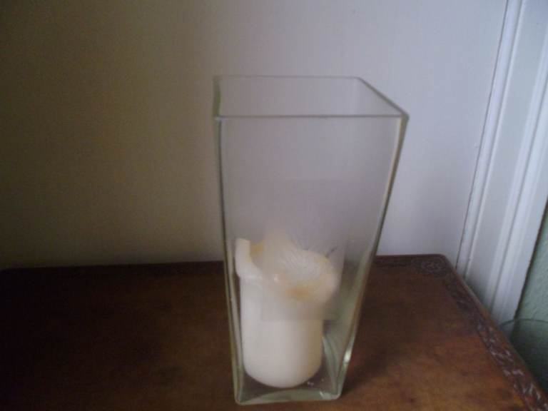TALL GLASS CANDLE / PLANT HOLDER WITH FIR TREE PATTERN.