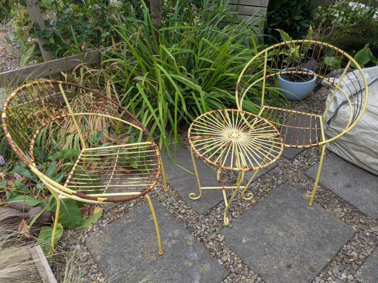 Free Vintage Yellow Metal Garden Chairs and Small Table Set