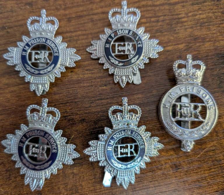 5 x Vintage Obsolete H M Prison Service Cap Badges : 4 x J.R. Gaunt B`ham & 1 x Firmin 