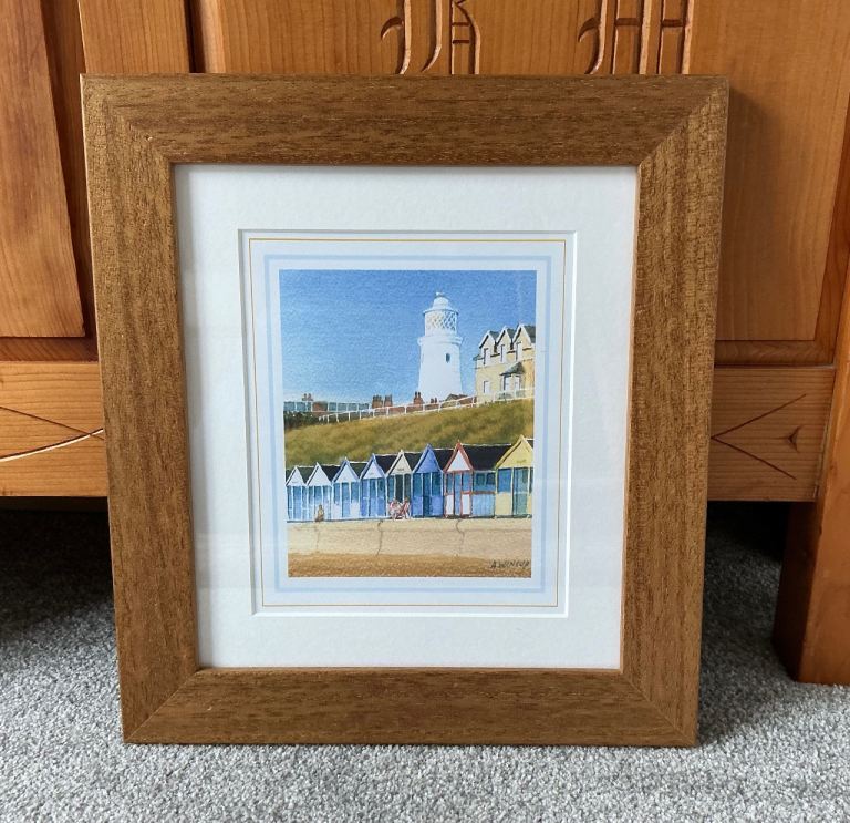 Beautiful Framed Lighthouse and Beach Huts Print – NEW Condition