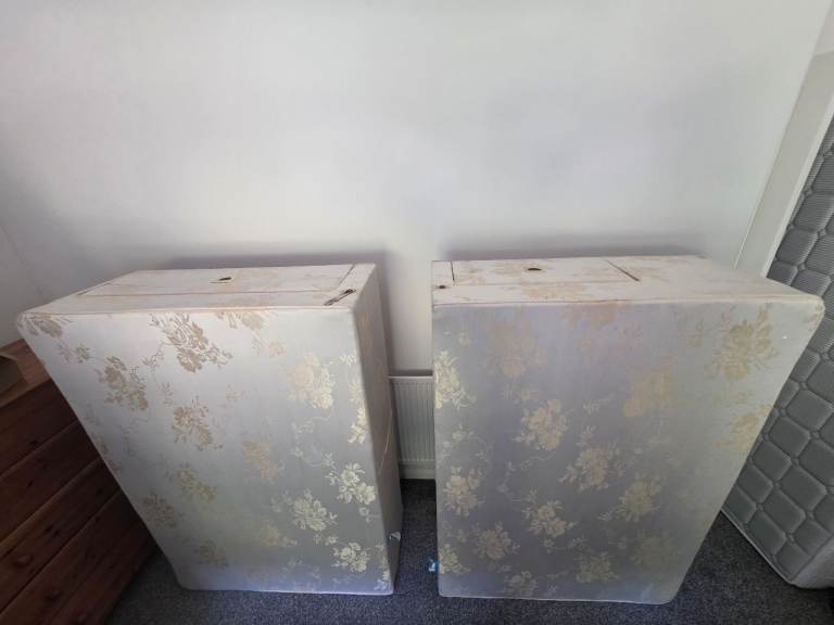 Pair of Double Bed Divan Bases – White Floral Pattern, Good Condition