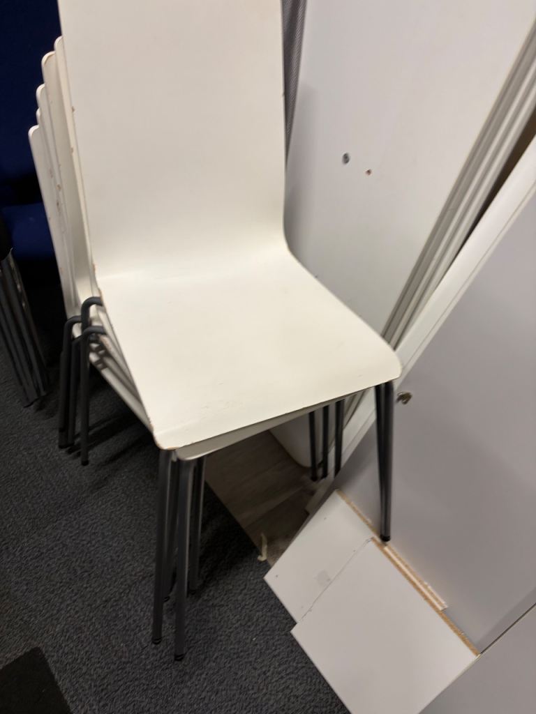 Dining  White Stacking Chairs with Metal Legs – Good Condition