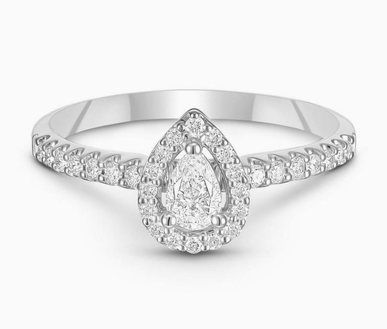 Beaverbrooks 18ct White Gold Diamond Pear Shaped Halo Engagement Ring, Size Q