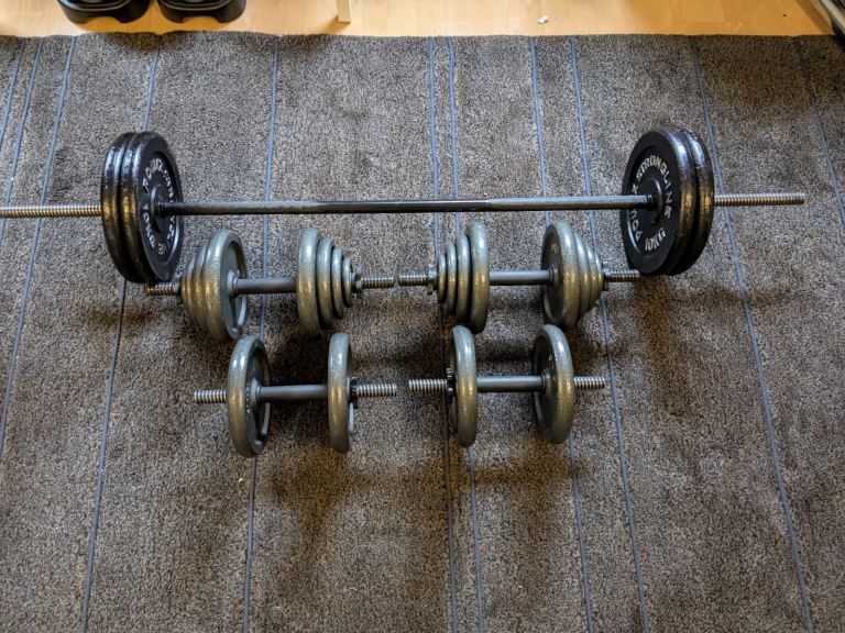 97kg Home Gym Weights Set – Barbell, Dumbbells & Plates – £150 ONO