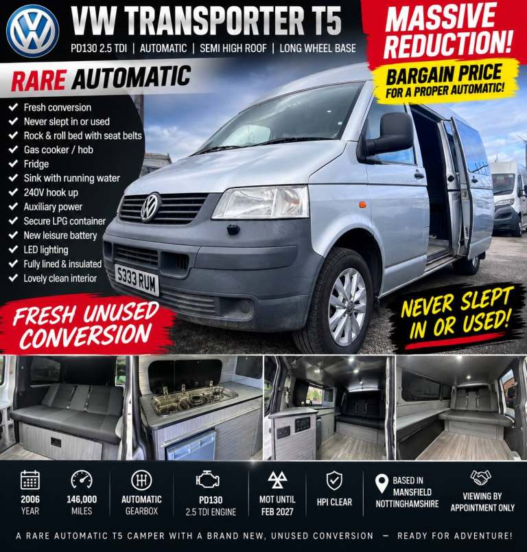 2006 Volkswagon Transporter camper van LWB AUTOMATIC PD 130  FRESH CONVERSION
