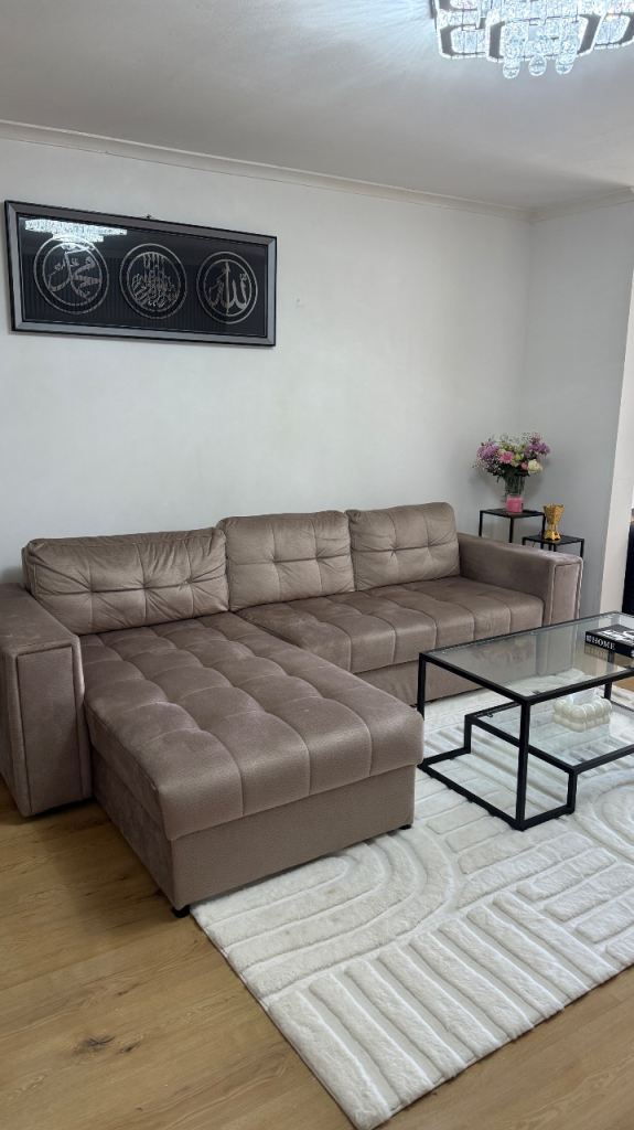 Large Brown Leather Corner Sofa Bed with Storage