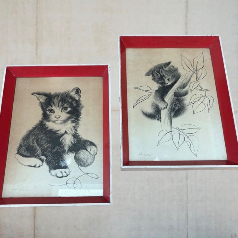 Rare Pair Vintage Retro Cats/Kittens Pencil Sketch Drawing Signed Framed MCM