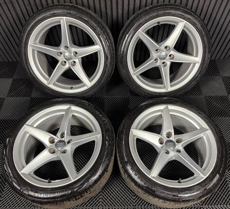 18" GENUINE AUDI A5 S LINE SILVER 5 SPOKE ALLOY WHEELS ALLOYS TYRES