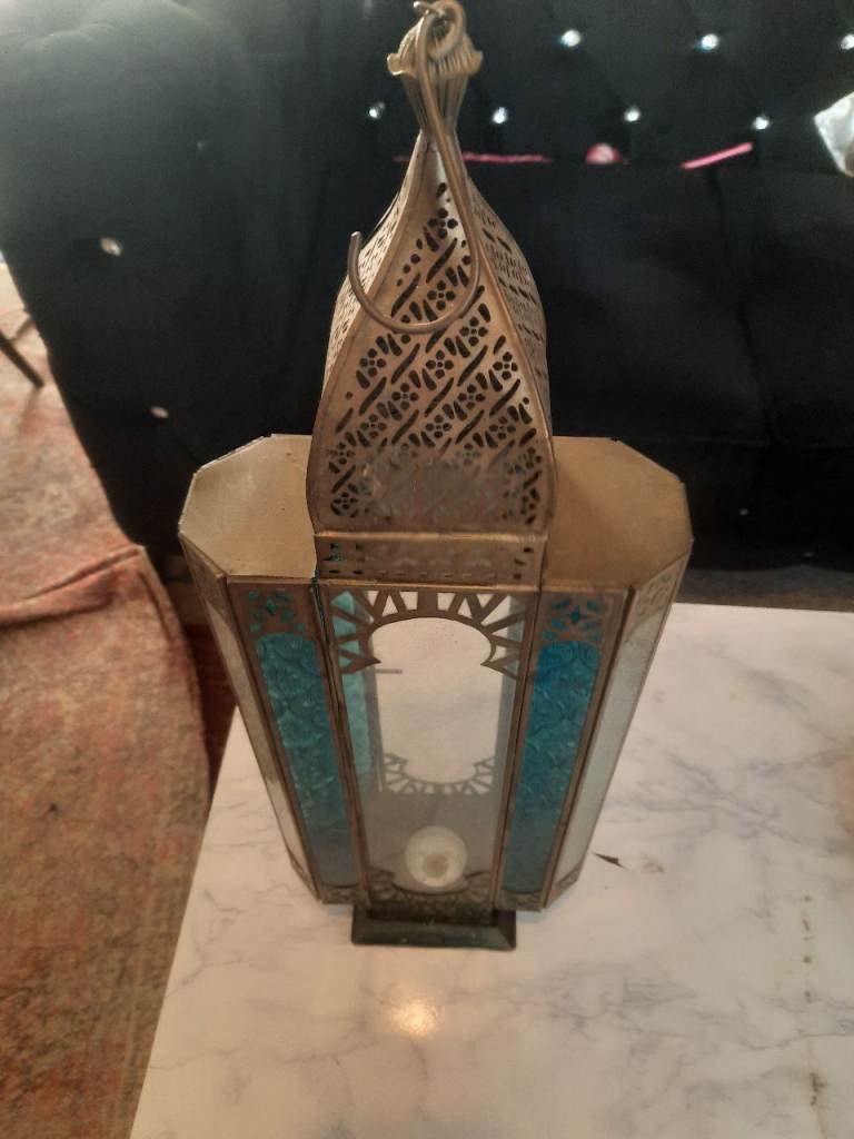 Decorative Metal Lantern with Blue Glass Panels