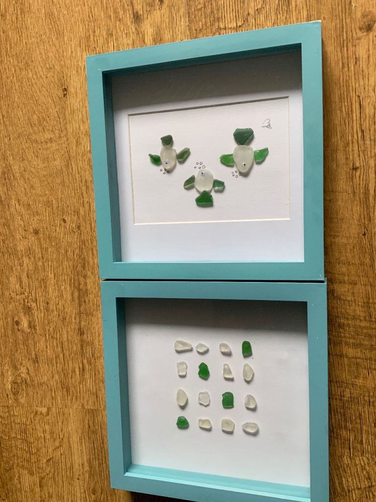 Two Framed Sea Glass Art Pictures – Teal Blue