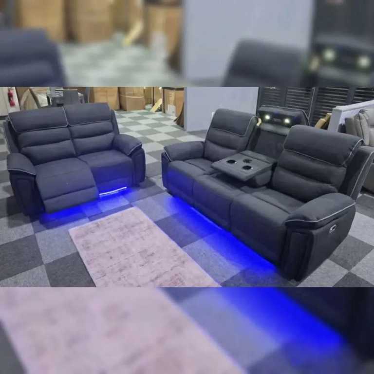 Darnall Venice Electric Recliner Sofa Set, Fabric, 3 and 2 Seater, Platinum, with USB, Type C, LED, 