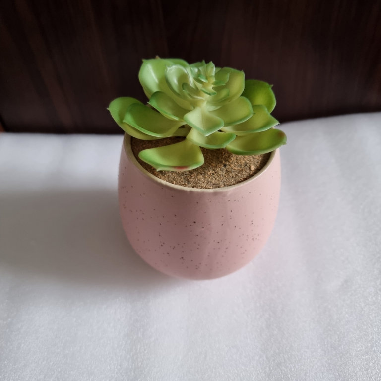 New. Pink speckled ceramic plantpot with faux succulent plant. 