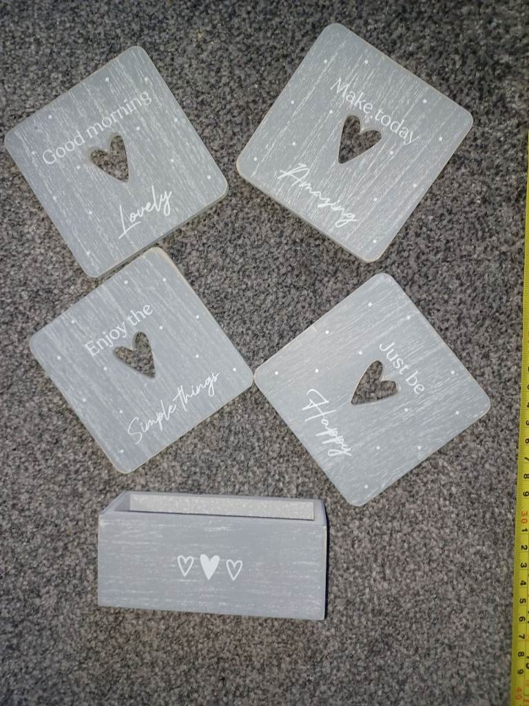 Coaster set and holder.