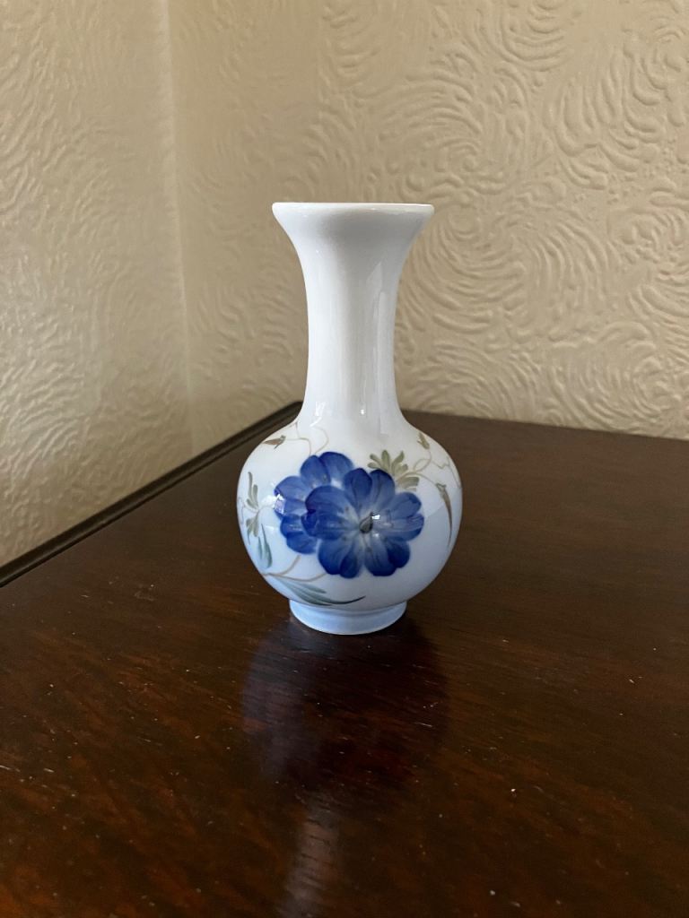 Royal Copenhagen Small White Vase with Blue Flower Design