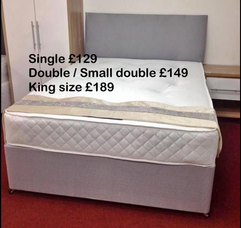 Brand new single double small double kingsize fabric divan beds mattress and headboard 