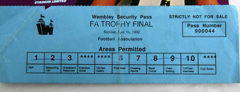 Colchester united FA Trophy Dressing room pass plus programme 1992 